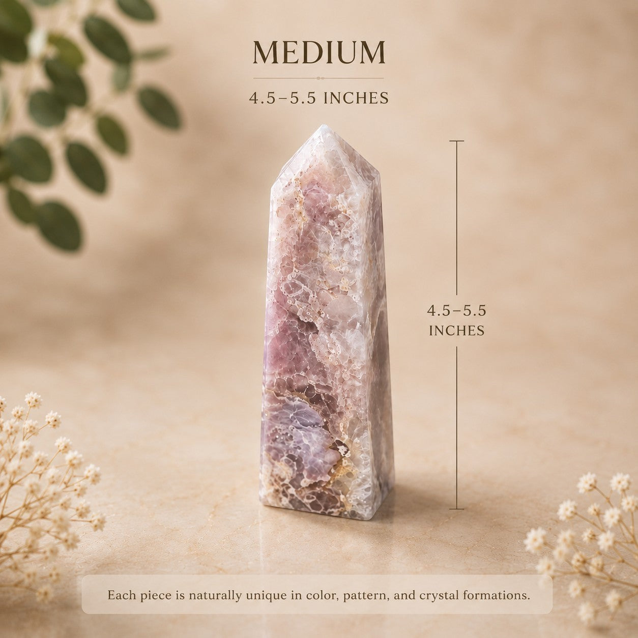 Ascendancy Gems Natural Pink Floral Agate Tower, medium size (4.5-5.5 inches), with blush pink and cream tones and floral inclusions.