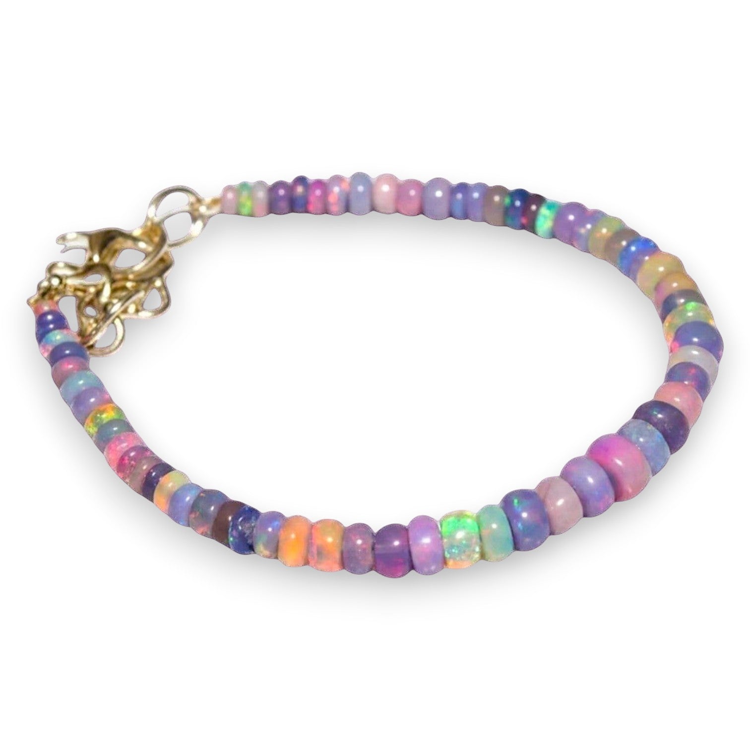 Ascendancy Gems one-of-a-kind purple smoked opal beaded bracelet with flashes of green, orange, red, and blue fire. 6 inches.