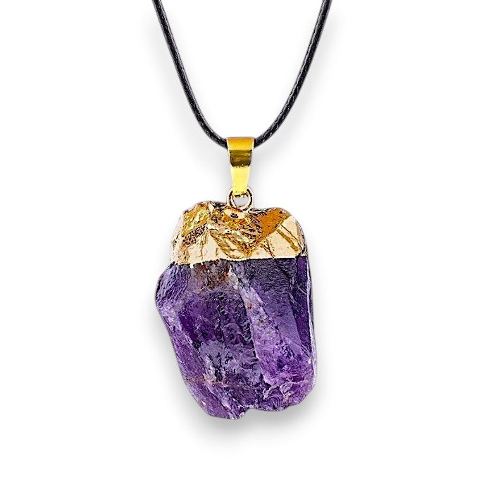 Ascendancy Gems raw amethyst crystal pendant necklace with gold cap and black cord.