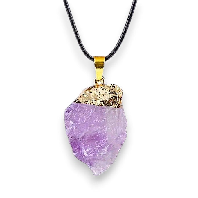Ascendancy Gems raw amethyst crystal pendant necklace with gold cap and black cord.