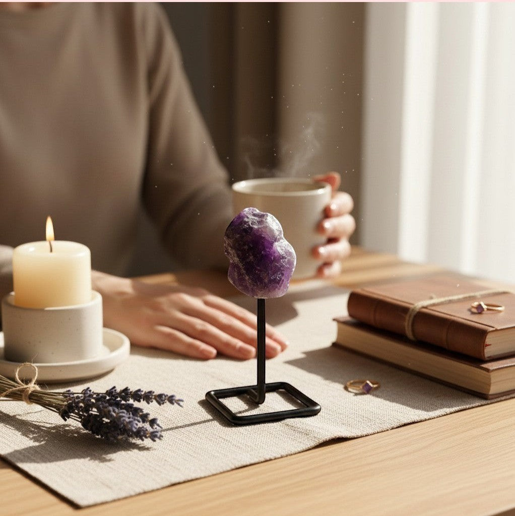 Ascendancy Gems raw amethyst crystal on minimalist metal stand, displayed with a candle and books.