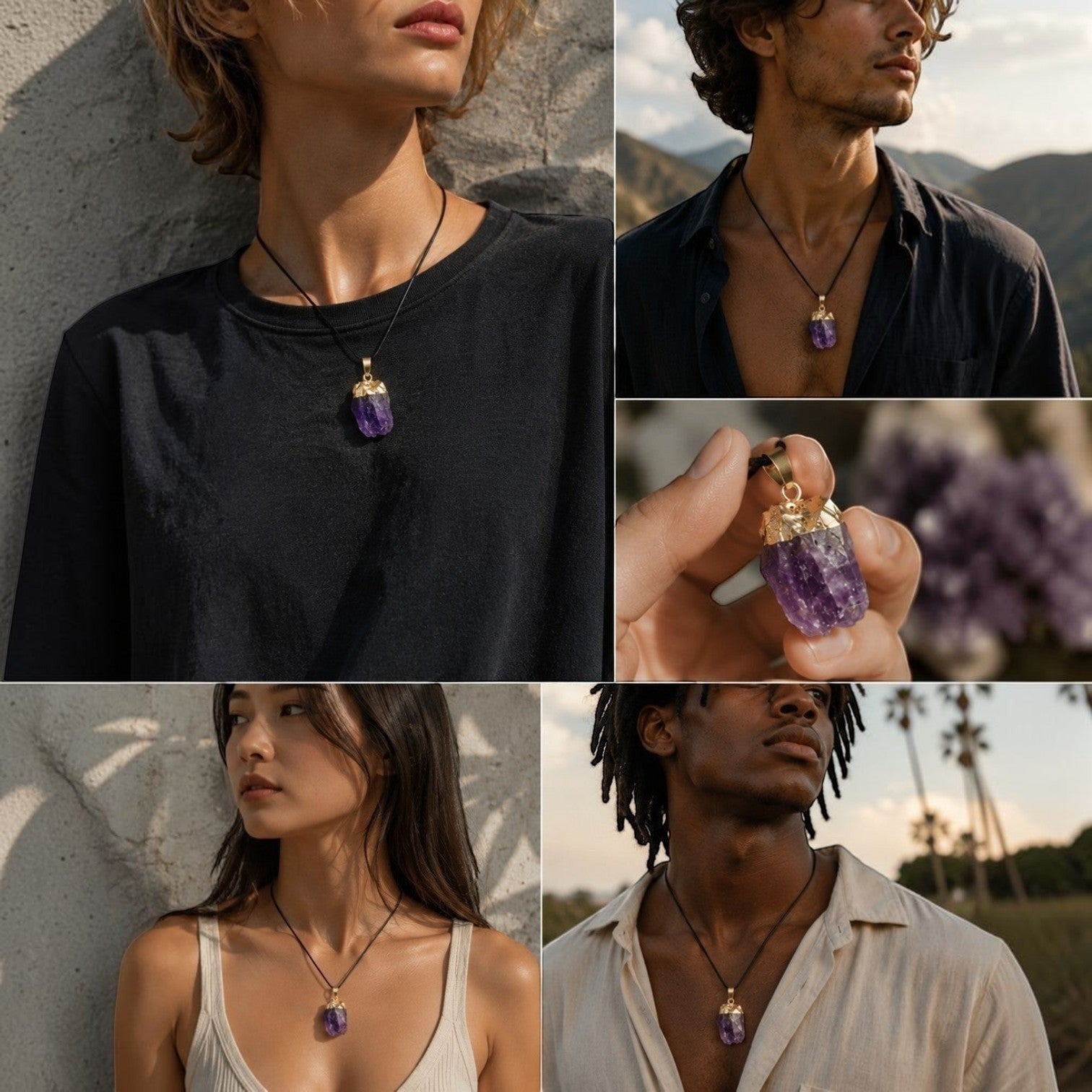 Ascendancy Gems raw amethyst crystal necklace with gold cap on black cord, worn by models.