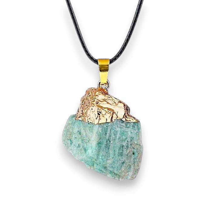 Ascendancy Gems raw aquamarine crystal pendant necklace with gold cap and black cord.