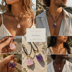 Ascendancy Gems raw rose quartz and amethyst crystal necklaces with gold caps on black cords. Natural, irregular shapes.