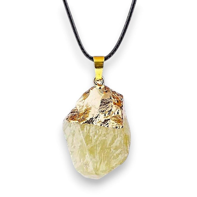 Ascendancy Gems raw light yellow crystal pendant necklace with gold cap and black cord.