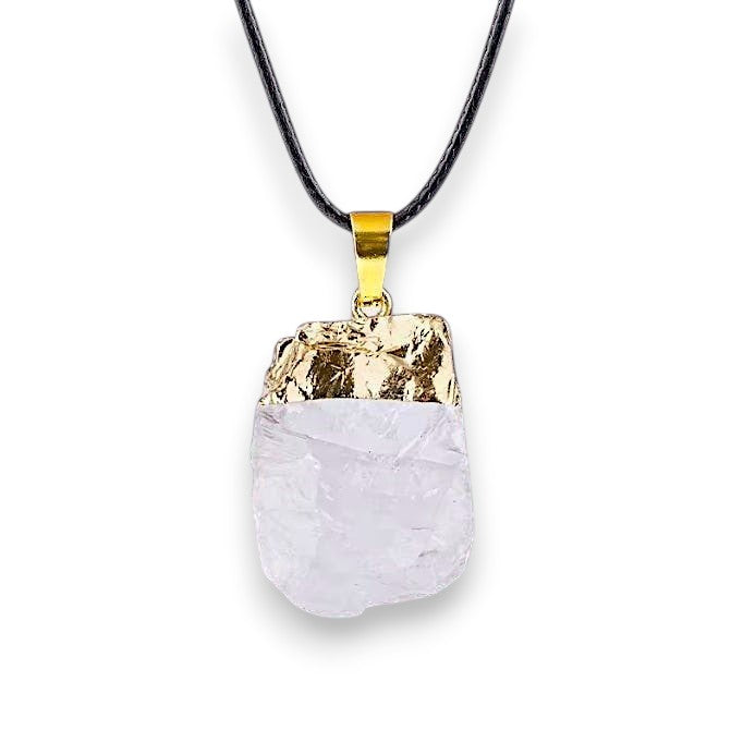 Ascendancy Gems raw clear quartz crystal pendant necklace with gold cap and black cord.