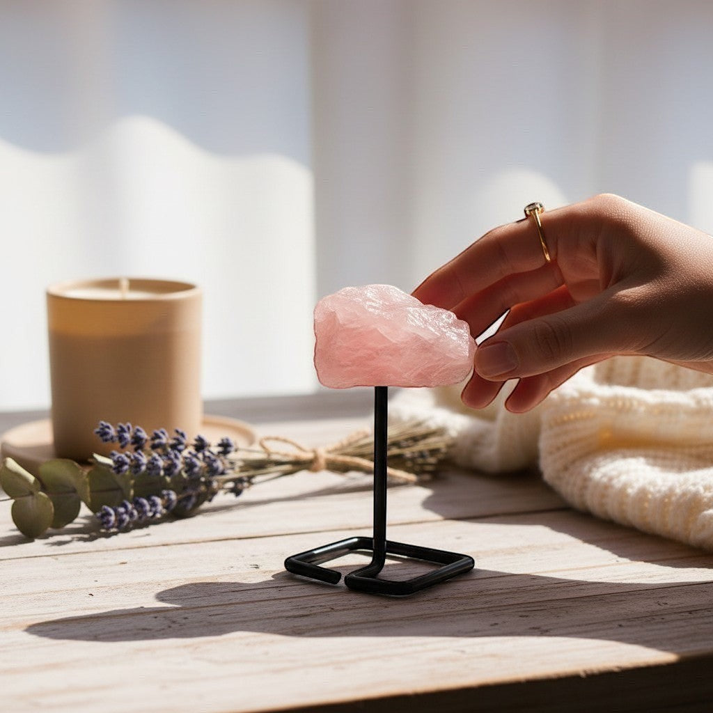 Ascendancy Gems raw rose quartz crystal on a minimalist black metal stand, with a candle and lavender bundle.