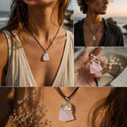 Ascendancy Gems raw rose quartz crystal necklace with gold cap on black cord, natural irregular shape.