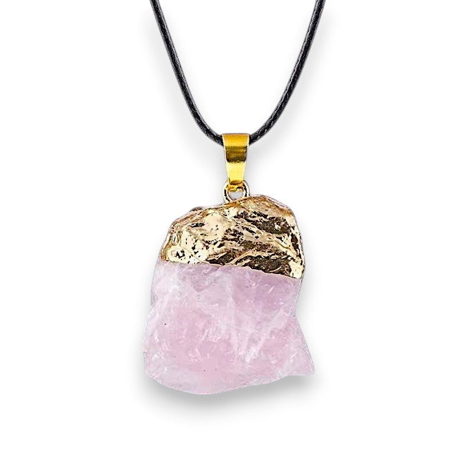Ascendancy Gems raw rose quartz crystal necklace with gold cap and black cord. Natural, irregular shape.