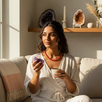 Woman wearing an Ascendancy Gems red Ethiopian fire opal rondelle bead necklace while holding an amethyst crystal.