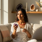 Woman wearing an Ascendancy Gems red Ethiopian fire opal rondelle bead necklace while holding an amethyst crystal.