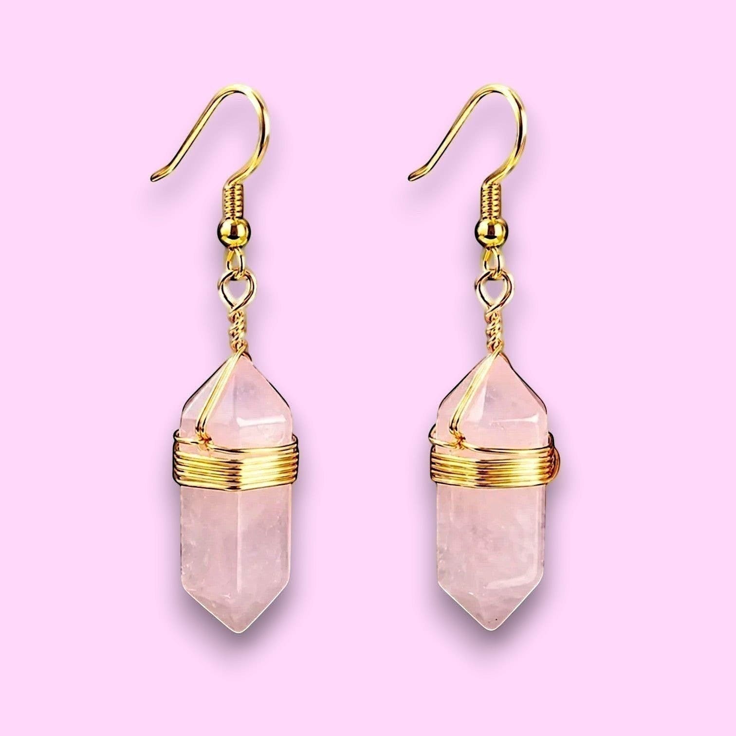 Ascendancy Gems Celestial Rose Quartz Collection dangling earrings with gold-tone wire-wrapped crystal points.