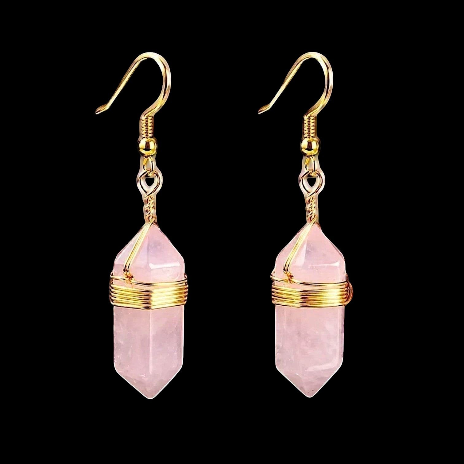 Ascendancy Gems Celestial Rose Quartz Collection dangling earrings with gold-tone wire-wrapped crystal points.