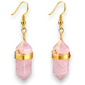 Ascendancy Gems Celestial Rose Quartz Earrings with gold wire wrapping and hooks, featuring faceted pink gemstones.