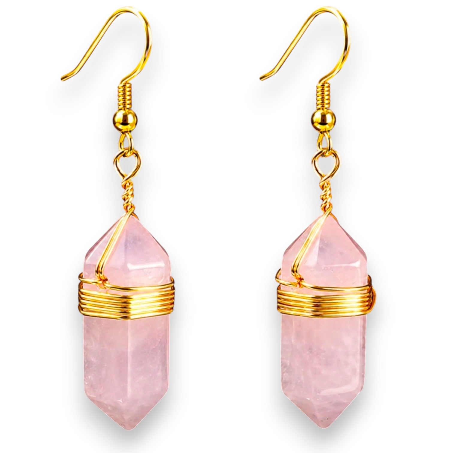 Ascendancy Gems Celestial Rose Quartz Earrings with gold wire wrapping and hooks, featuring faceted pink gemstones.