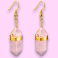 Ascendancy Gems Celestial Rose Quartz Earrings with gold wire wrapping and hooks, featuring faceted pink gemstones.