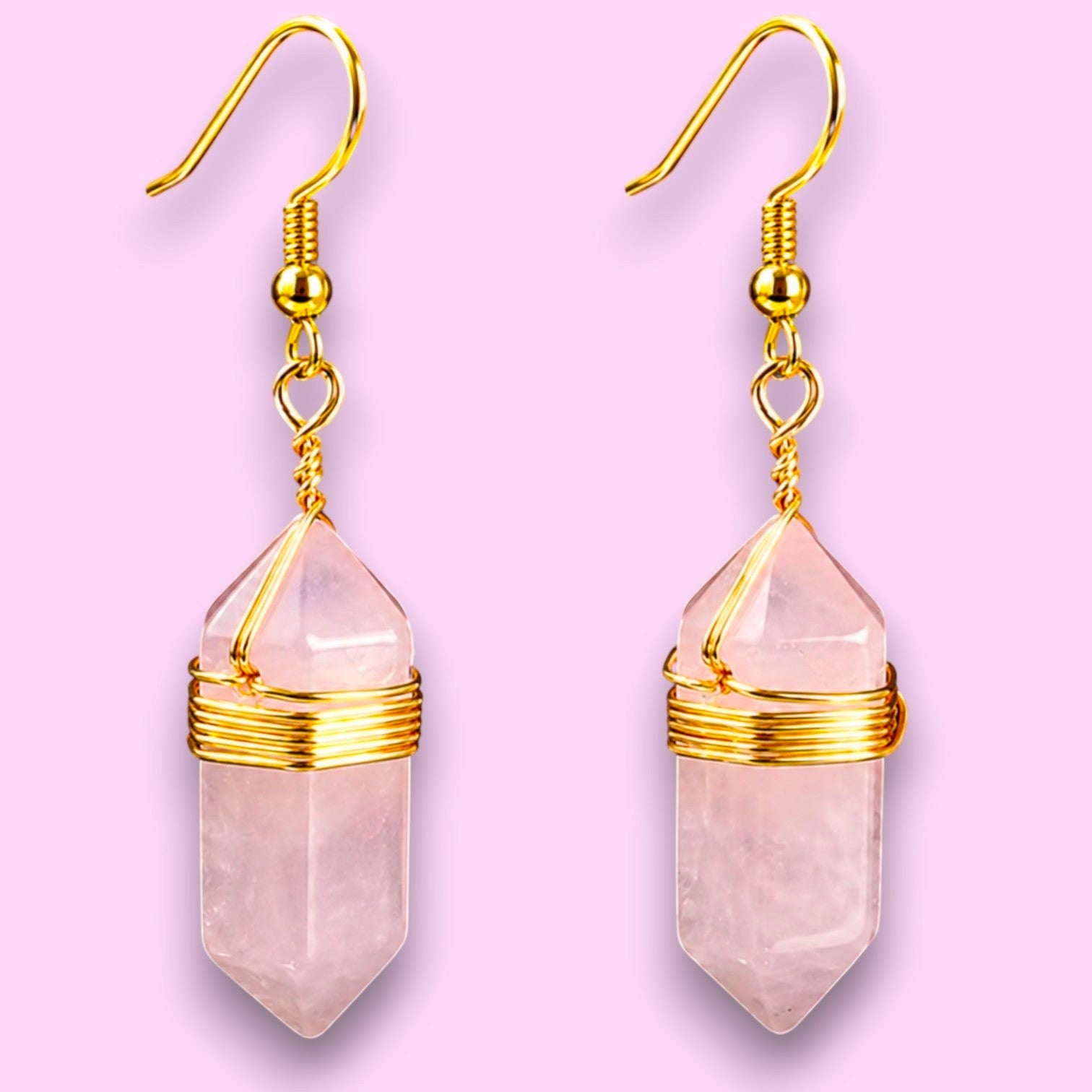 Ascendancy Gems Celestial Rose Quartz Earrings with gold wire wrapping and hooks, featuring faceted pink gemstones.