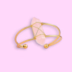 Ascendancy Gems Celestial Rose Quartz Collection bracelet and earrings with gold-tone wire wrapping and pink crystals.