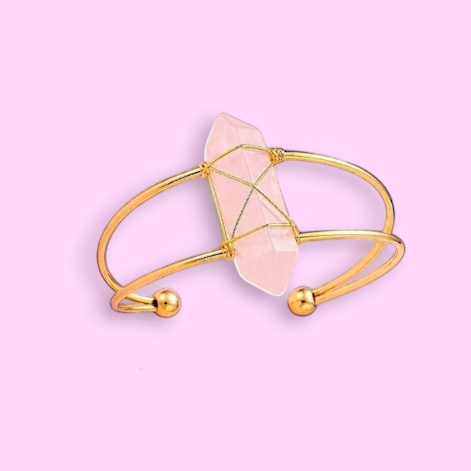 Ascendancy Gems Celestial Rose Quartz Collection bracelet and earrings with gold-tone wire wrapping and pink crystals.
