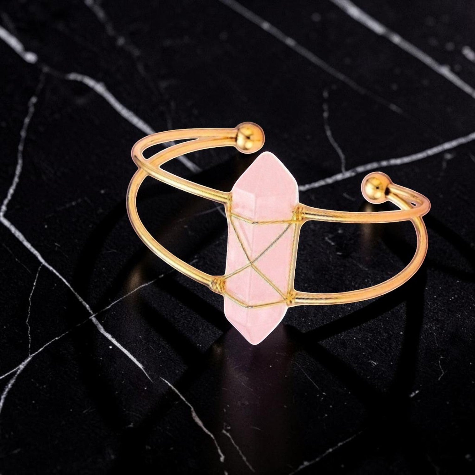 Ascendancy Gems Celestial Rose Quartz Collection bracelet and earrings with gold-tone wire wrapping and pink crystals.