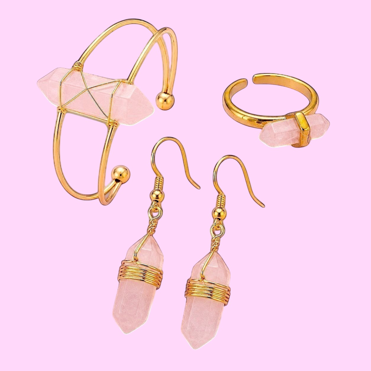 Ascendancy Gems Celestial Rose Quartz Collection: bracelet, ring, and earrings with pink crystals and gold-tone wire accents.