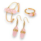Ascendancy Gems Celestial Rose Quartz Collection: bracelet, ring, and earrings with pink crystals and gold-tone wire accents.
