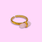 Ascendancy Gems adjustable gold-tone ring with a double-terminated rose quartz crystal.