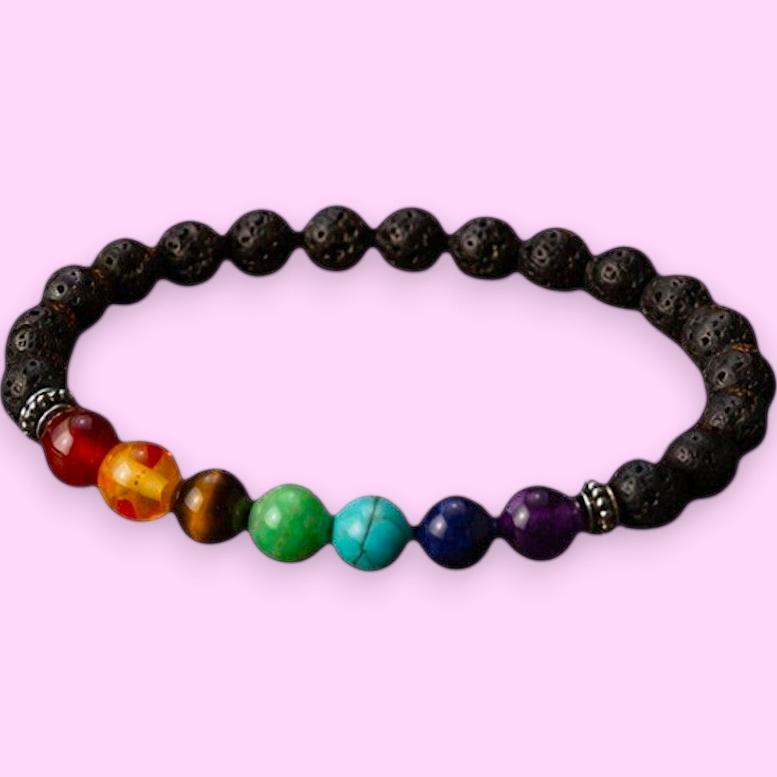 Ascendancy Gems Shakra Lava bead bracelet with 7 chakra gemstones and black lava stone beads, ideal for aromatherapy.